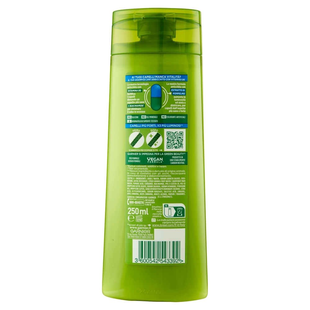 Garnier Fructis Shampoo Forti & Brillanti 2in1, shampoo fortificante per capelli normali, 250 ml